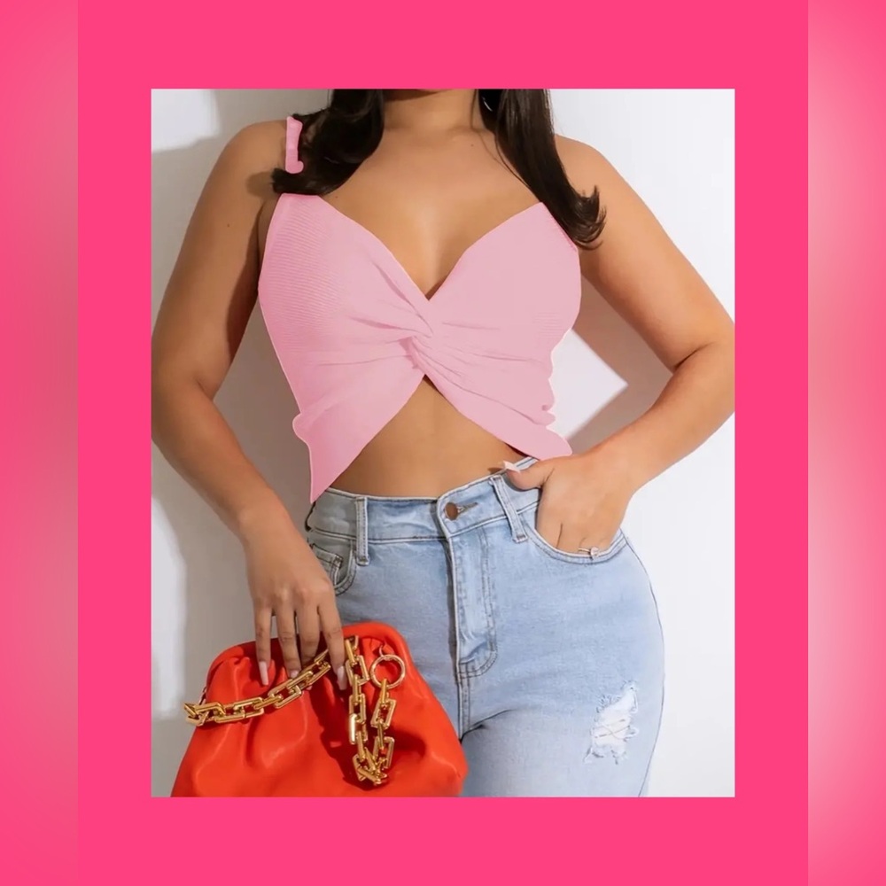 Cotton Candy Pink Spaghetti Strap Twist Front Ribbed Tank Top